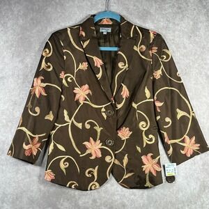 Principe Blazer Jacket Womens 8 Brown Floral Embroidered‎ Silk 3/4 Sleeve Artsy